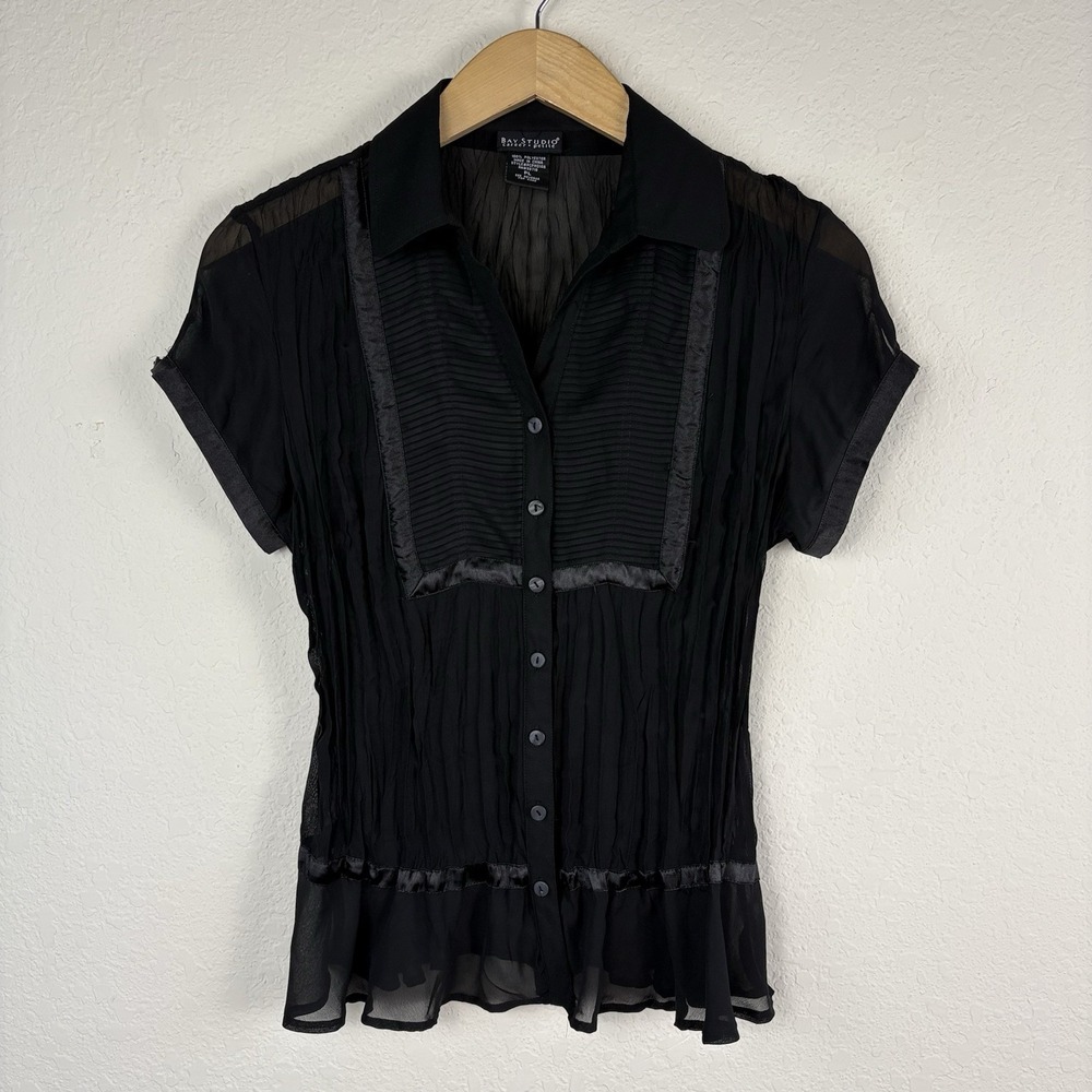 Vtg Bay Studio Lp Blouse Black Short Sleeve Whimsygoth Vampy Witchy Y2k Crinkle